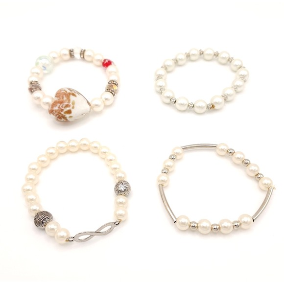 Fashion Jewelry Jewelry - Set of 4 Faux Pearl Stretch Bracelets White Beaded Stackable Jewelry